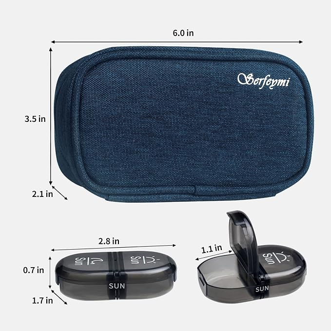 Serfeymi Weekly Travel Pill Organizer 2 Times A Day AM PM Upgraded Black Pill Box 7 Day with Portable Zipper Canvas Pill Case, Medicine Organizer for Pills, Vitamins, Supplements, Fish Oils - Blue 01
