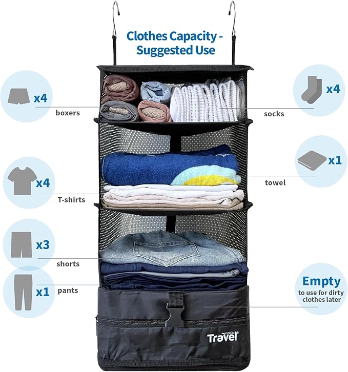 Grand Fusion Stow-N-Go Travel Luggage Organizer – Portable Hanging Travel Shelves, Carry-On Closet Organizer, Hanging Packing Cubes, Collapsible Carry-On Organizer for Cruises & Hotels. Black - L
