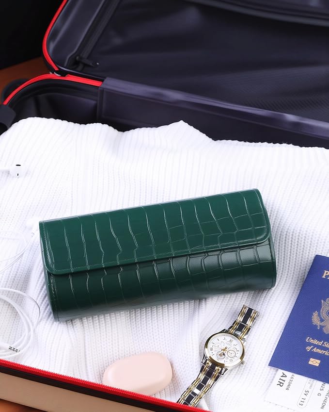 MR.OKAY 3 Watch Travel Case-Classic Leather Watch Case With Superb Texture. (Portable Watch Roll Or Organizer For Storage And Display).Festival Gift For Men, All Handcrafted By Artisans.