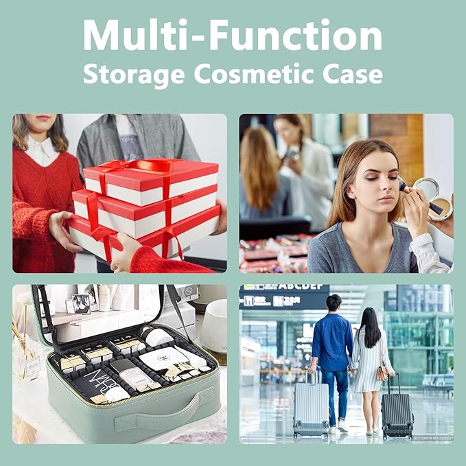 Travel Makeup Bag with LED Lighted Mirror, Travel Makeup Organizer,3 Color Setting Cosmetic Makeup Box, Adjustable Dividers and Brush Holder（light green）