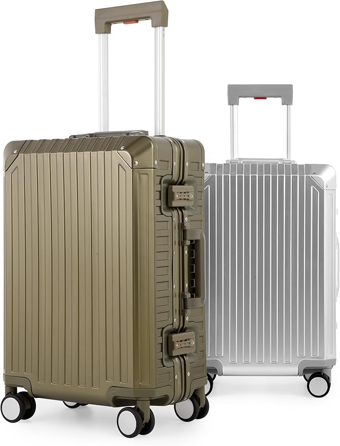 Mvst Luggage Premium All Aluminum Magnesium Carry On 20'' Lightweight Metal,Suitcase with Spinner Wheels Built-in Toiletry Set, Luggage Protector（silvery） (Brown, 20inch)