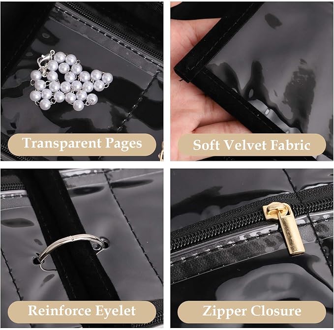 Travel Jewelry Case Organizer for Women, Jewelry Binder with 6 Clear Zipper Pouches