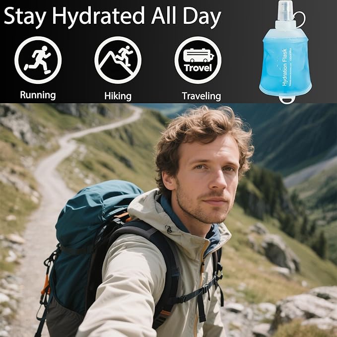 CLINTT 500ml Soft Flask, Foldable Running Water Bottle, TPU Folding Soft Water Flask, BPA-Free Collapsible Flask for Hydration Pack Running Vest, Cycling, Climbing, Hiking - 2Pcs, Blue