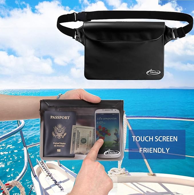 AiRunTech Waterproof Dry Bag and Waterproof Cell Phone Bag for Outdoor Water Sports, Boating, Hiking,Kayaking,Fishing (2 * Phone case(Clear) + 2 * Fanny Pack(Black+Gray))