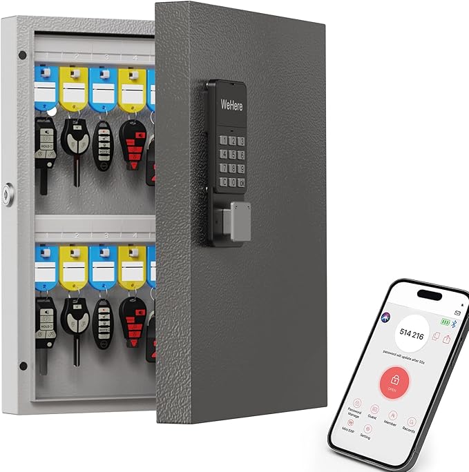WeHere 32 Key Lock Box Wall Mount, Smart Key Cabinet with APP Bluetooth/Fixed/Dynamic Password/OTP Share Unlock, Security Lockbox ERP for Valets/Realtors/Office/Hotel Key Management