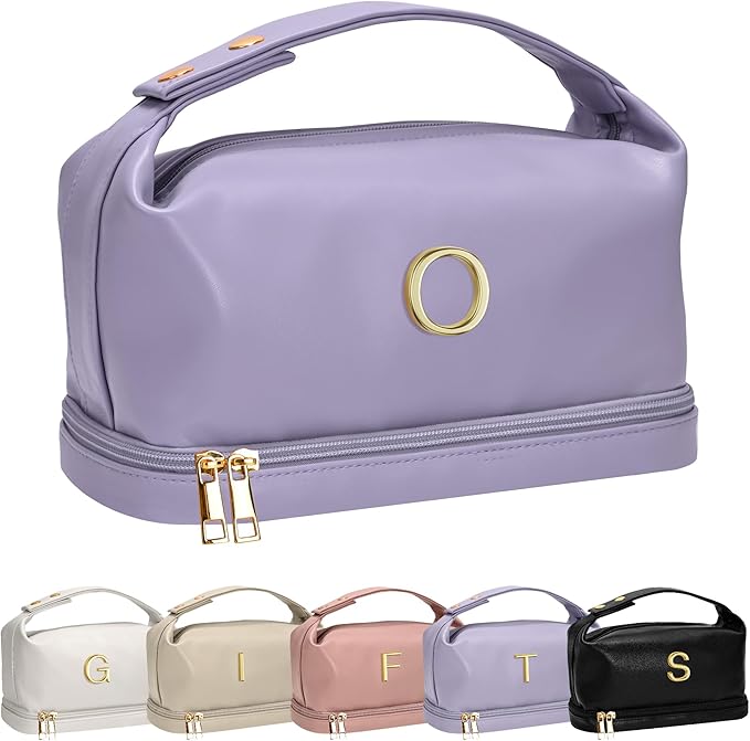 Makeup Bags with Handle, Friend Gifts, Personalized Double Layer Cosmetic Bag with Makeup Brush Organizer, Waterproof, Large Capacity PU Leather Travel Toiletry Bag, Birthday Gifts for Girls