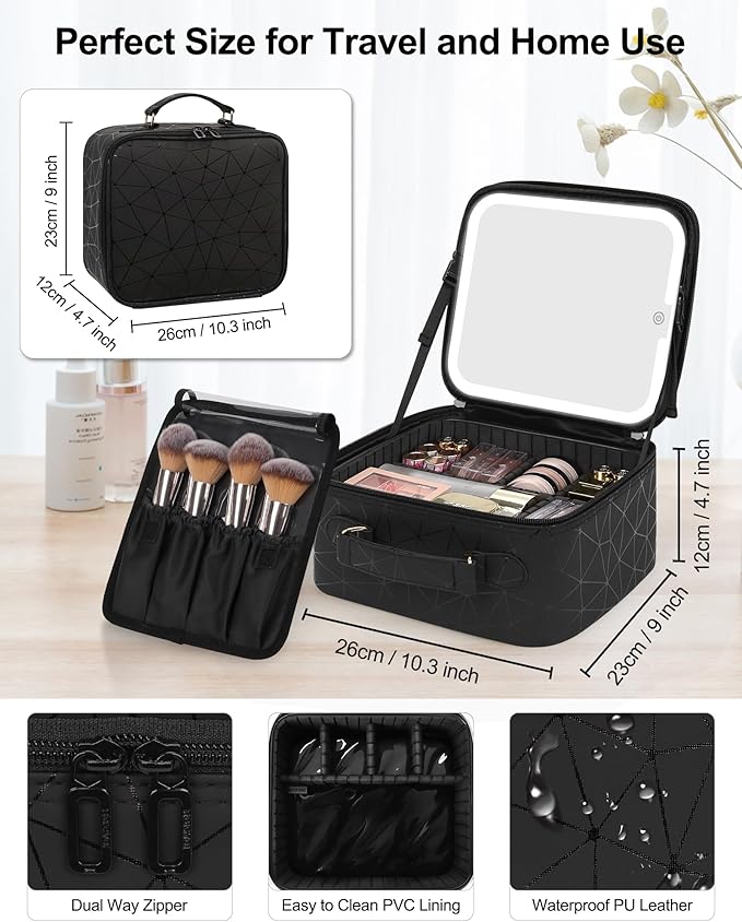 Chomeiu Makeup Bag with LED Mirror, Cute Cosmetic Bags Birthday Gifts for Girls Women, Makeup Train Case Artists Organizer Large Make Up Bags with Light Up Mirror 3 Color Lights, Black Geometric