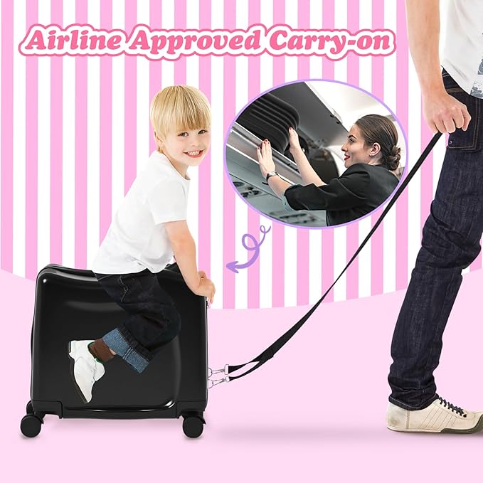 smilesun 20" Ride-On Travel Suitcase for Kids, Cute Ear Toddler Carry on Luggage with Spinner Wheels, Children Rolling Trolly Luggage with Combination Lock (Coal Black with Rope)