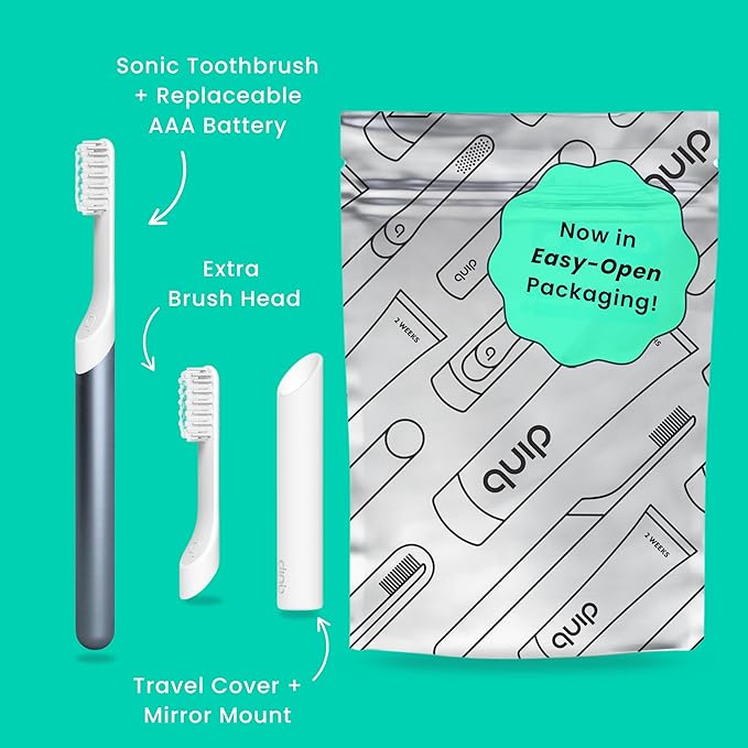 Quip Metal Sonic Toothbrush, Electric Toothbrush for Adults –Time Travel & Soft Bristles with Travel Case & Replaceable Brush Head -3-Month Battery Life - Twilight Faded Blue