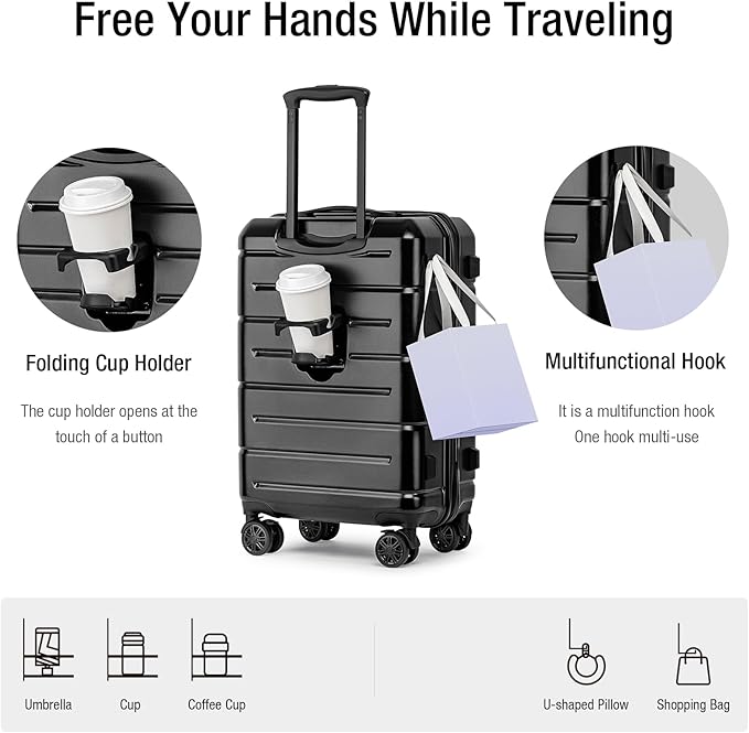 KYME Hardside Carry On Luggage 22x14x9 Airline Approved with TSA Lock Hardshell Carry On Suitcase with Spinner Wheels Travel Rolling 22 Inch Luggage with Cup Holder for Men Women Black