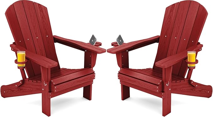 SERWALL Adirondack Chair with Cup Holders - Composite Adirondack Chairs Set of 2 HDPE Outdoor Chairs All Weather Use- Dark Red