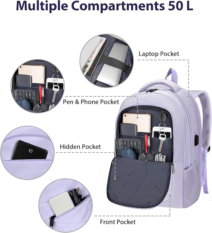 MATEIN Extra Large Laptop Backpack Women, 50 L Carry On Work Travel Bag with USB Port and Anti Theft Pocket, Water Resistant College Backpacks Fit 18.4 In Notebook Computer, Purple