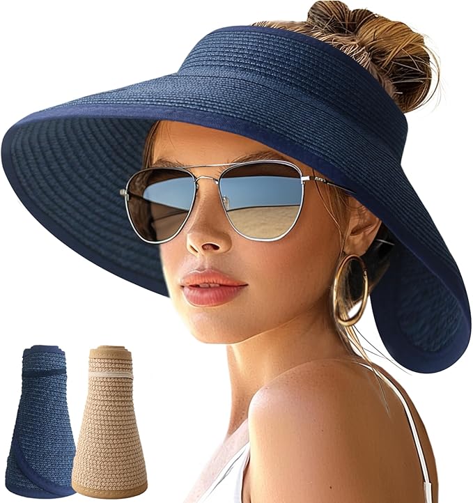 NPJY Sun Hats for Women Wide Brim Roll-Up Beach Ponytail Hat Packable Foldable Travel Straw Visor