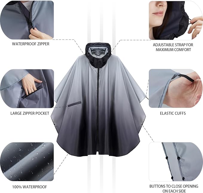Rain Poncho Jacket Coat Hooded Zipper Style for Women/Men/Adult with Pocket
