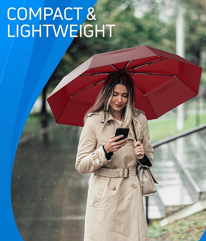 Rain-Mate Windproof Compact Umbrellas for Rain - Strong Reinforced Fiberglass Rib Design & Auto Open & Close - Portable Folding Travel Umbrella - Lightweight & Packable for Women & Men, Easy Collapse