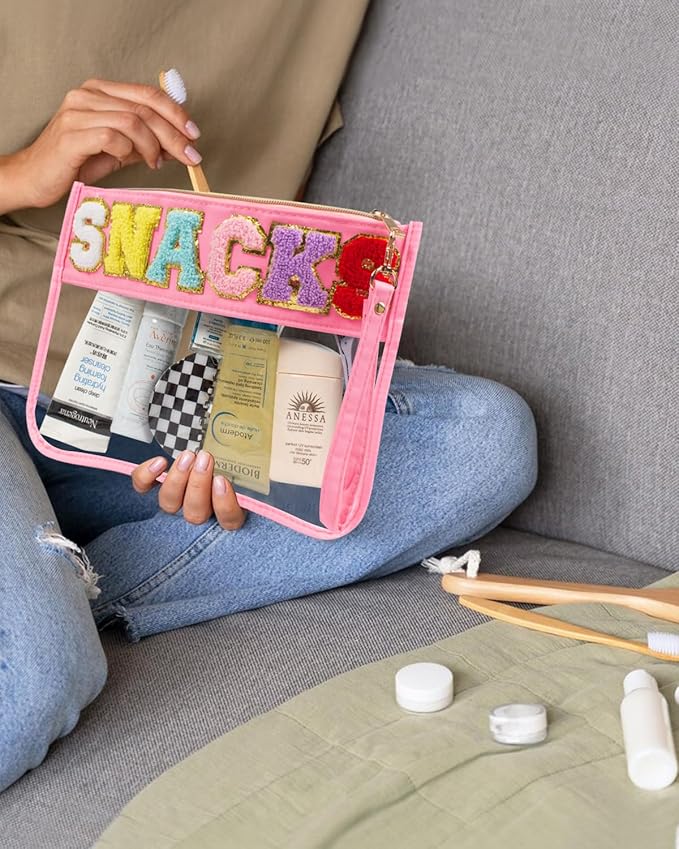 2 Pcs Snack Pouch Chenille Letter Clear Zipper Snack Bag, Nylon Snack Pouch for Travel Clear Makeup Bag Small Cosmetic Bag for Purse Snack Bags for School Waterproof Toiletry Bag