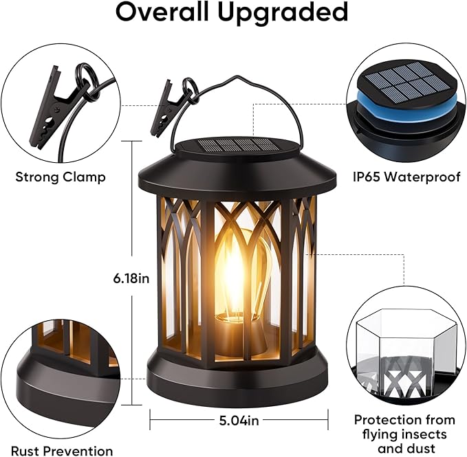 Solar Lanterns Outdoor Waterproof 4-Pack: Hanging Solar Lights for Outside Patio Decor for Garden Bright Black Modern Lanterns Decorative with Clips Gifts for Family Household Newlyweds - Warm Light