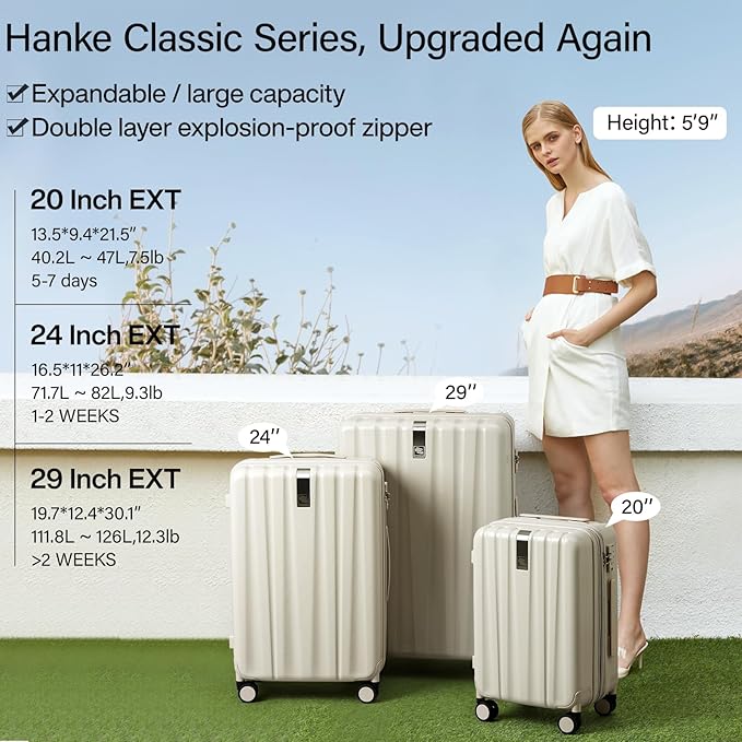 Hanke Expandable Hard Shell Luggage Sets 2 piece Carry On Luggage with Wheels Suitcases Lightweight Checked Travel Luggage Rolling Large Suitcase Travel Luggage Bag Woman Men 20/29 Inch(Ivory White)