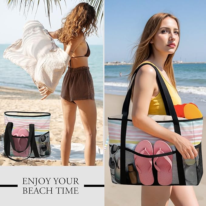 Sandproof Beach Bag with Zipper - 8-Pocket Waterproof Tote for Women & Family | Foldable Travel Swim Bag (Gift-Ready)