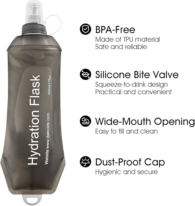 GYGYL Soft Flask, TPU Collapsible Soft Water Bottle for Hydration Pack, Running Vest, Leak-Proof Folding Water Bottle for Hiking Cycling Climbing Jogging-500ml Grey