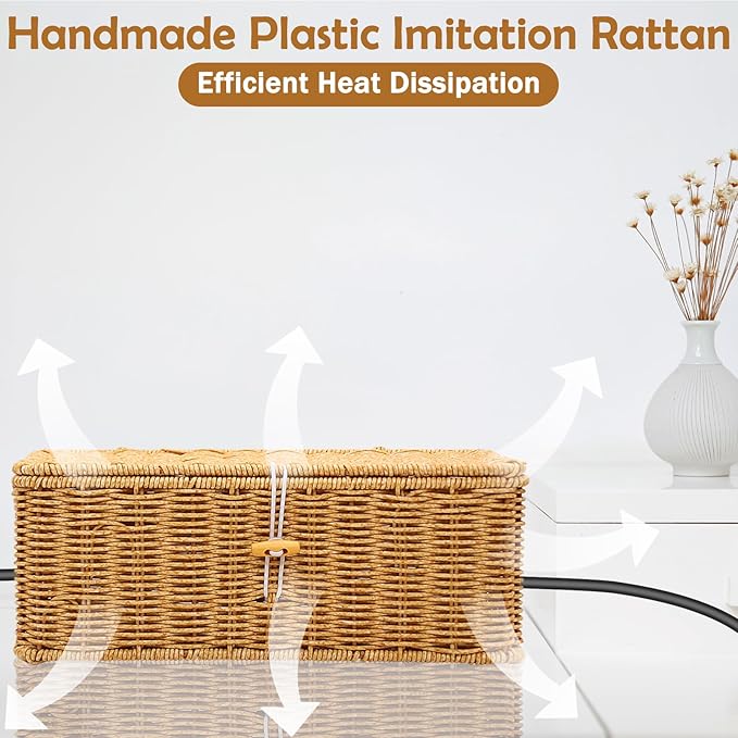 Cable Management Box, Handmade Imitation Rattan Cord Cable Organizer, Open Slots Cords Hider Box Under Desk Cord Organizer for Computer Router USB Hub & Power Strip