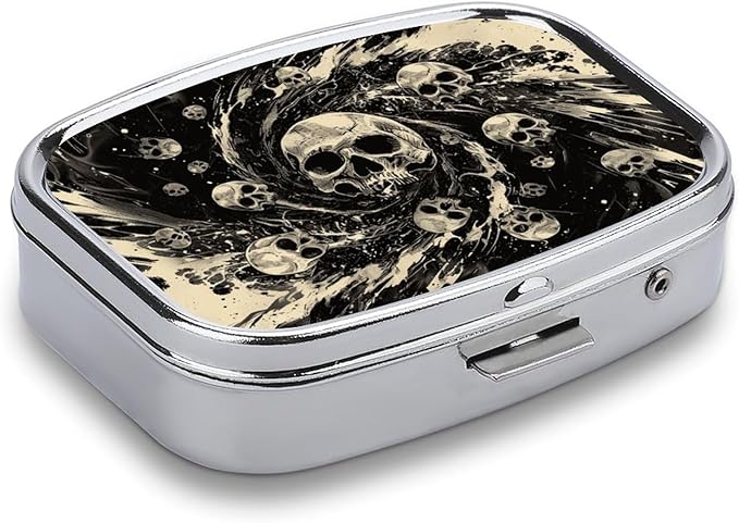 Metal 2 Compartment Pill Organizer Travel Friendly Portable Compact Pill Box Cute Pill Case,for Pocket Wallets Daily Portable Medicine Vitamin Tablet Storage (The Skeleton in The Vortex)