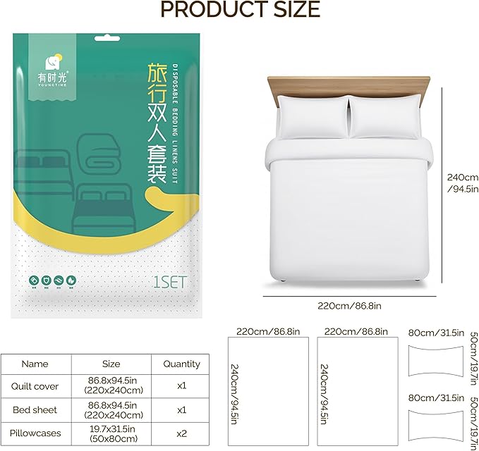 YOUNGTIME Disposable Bed Sheets for Travel,4 PCS Disposable Portable Bedding Set with Bed Sheet Quilt Cover and Pillowcase for Hotel & Trips