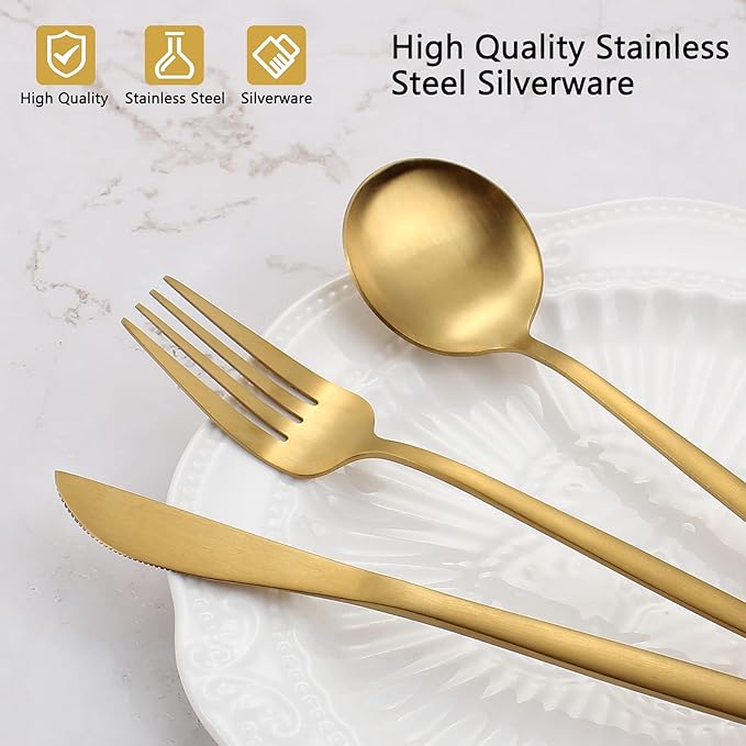 Matte Gold Silverware Set, VANVRO 60-Piece Stainless Steel Flatware Set, Satin Finish tableware Cutlery Set, Service for 12, Home and Restaurant, Dishwasher Safe