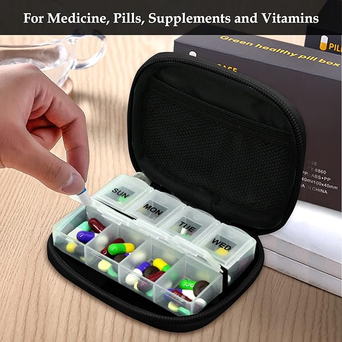 Serfeymi Weekly Travel Pill Organizer Pill Case for Purse with Removable 7 Day Pill Box, Fashionable Travel Medicine Organizer Pill Container for Medicine, Vitamin, Supplement - Black 02