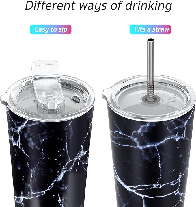 THILY Stainless Steel Vacuum Insulated Tumbler Travel Mug 26 oz Coffee Cup with 2 Lids and Straws, Splash Proof, Keep Ice Drinks Cold, Black Marble