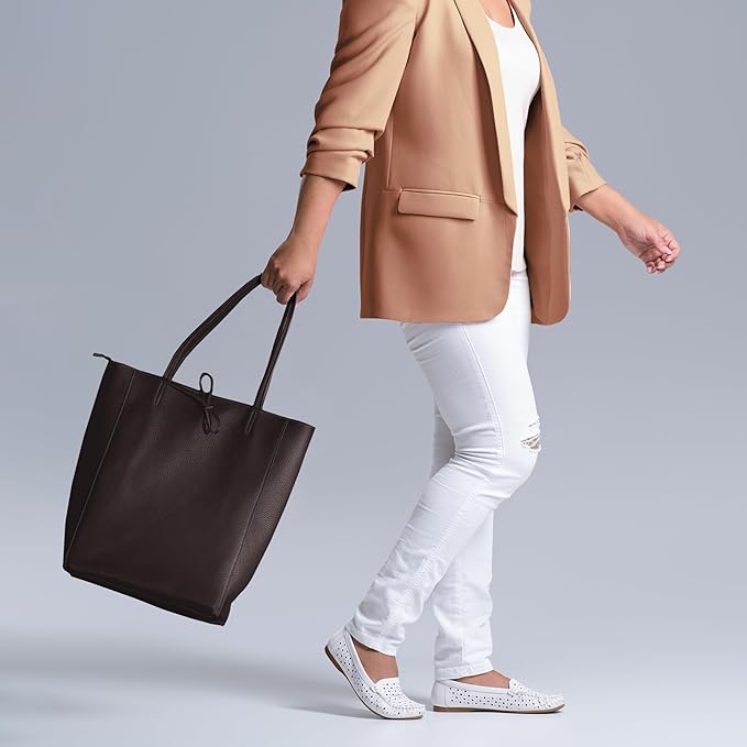 Italian Calf Leather Tote for Women with Zipper, Inner Pocket & Flat Base | Soft Unlined Shopper for Work & Travel