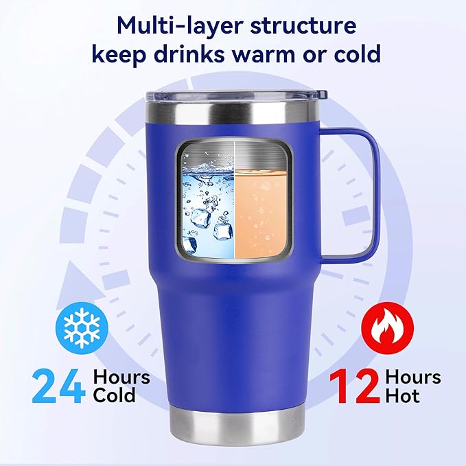 HASLE OUTFITTERS 20oz Tumbler Bulk with Lid, Stainless Steel Tumbler Bulk with Handle, Metal Insulated Travel Coffee Mug Set with Handle, Double Wall Vacuum Leak Proof Tumbler Cup, Blue 6 Pack