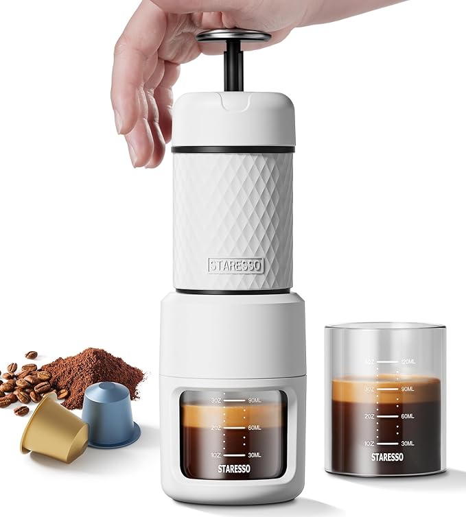 STARESSO Classic Portable Espresso Maker, 2 IN 1 Travel Coffee Maker Compatible Ground Coffee & NS Original Pods, Espresso Machine with Stainless Steel Chamber for Travel Camping, Manually Operated
