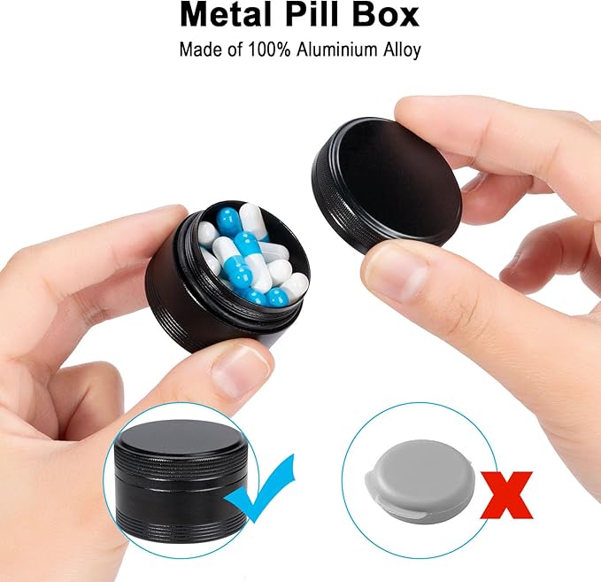 XHT Small Round Black Pill Box - Single Waterproof Portable Pill Container for Pocket & Purse, Travel Medicine Organizer, Compact Aluminum Pillbox Holder for Medication, Fish Oil