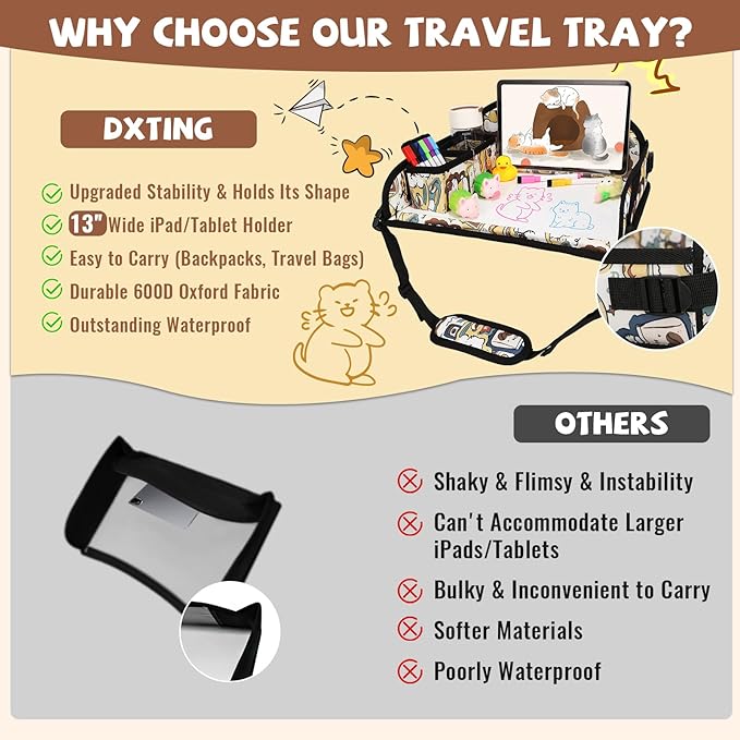 Kids Travel Tray for Airplane - Toddler Car Seat Table Tray, Road Trip Essentials for Boys & Girls, Carseat Lap Desk for Kids Road Trip Activities, Cute Kitten
