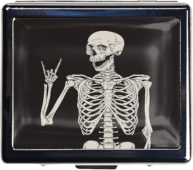Silver Vintage Pill Box 7 Day Metal Pill Box with Mirror and 8 Compartments Cute Travel Pill Organizer for Purse (Rock and Roll Skull Skeleton)
