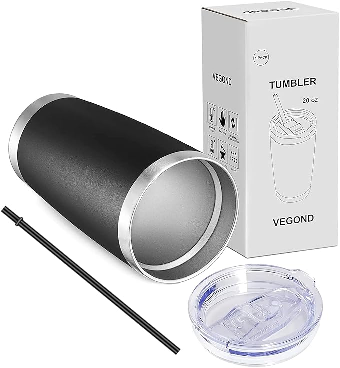 VEGOND 20oz Tumbler with Lid and Straw Stainless Steel Tumbler Cup Vacuum Insulated Double Wall Travel Coffee Mug Powder Coated Coffee Cup(Black 1 Pack)