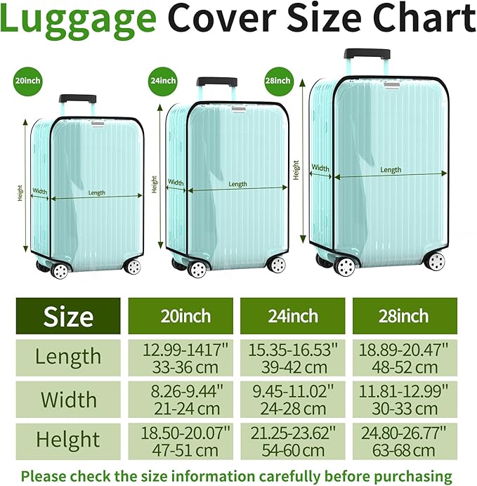 3 Pieces Clear Luggage Cover Protectors, 0.4mm Thicken PVC Suitcase Covers for Luggage, 20"+24"+28" Waterproof Dustproof Anti-scratch Travel Luggage Sleeve for TSA Approved