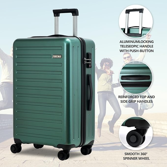 3Pcs (20/24/28) Luggage Set, HardShell Lightweight, Only 20" with Front Pocket, 21.65*15.35*7.87" Fits Overhead Cabin, 24" (26*17.7*10.2") and 28" (19.68*11.81*29.92") Checked Luggage, Green