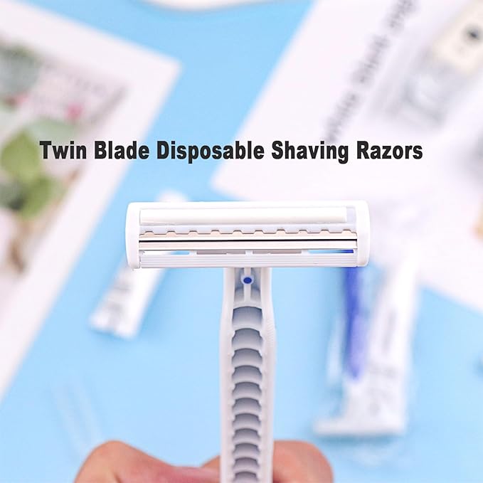 Disposable Razors in Bulk Pack of 30,Blue Disposable Shaving Razors Individual Wrapped Twin Blade Bulk Disposable Razors with Clear Cap and 10g Shaving Cream for Homeless,Hotel,Travel,Charity,Shelter