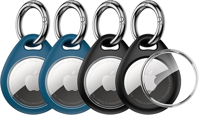 UNBREAKcable AirTag Holder for Apple - 4 Pack Air Tag Case [Fit Tightly Design] [Easy to Install] [Hold Securely] Waterproof TPU Protective Cover with Metal Keychain for Kids,Pet,Luggage,Backpack,Keys