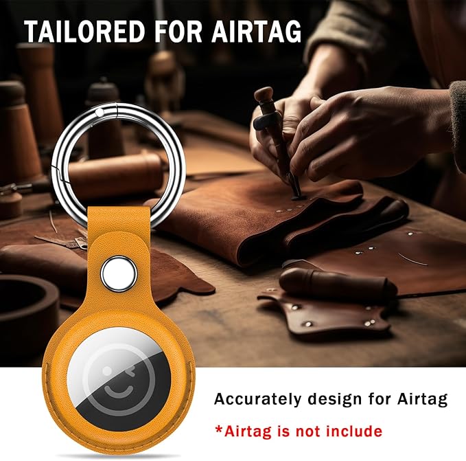 RFUNGUANGO Airtags Holder Keychain Keyring, 4 Pack Leather Case Cover for Women Men Kids with Apple Air Tag GPS Tracker Item Finders-Green,Yellow,Grey,White