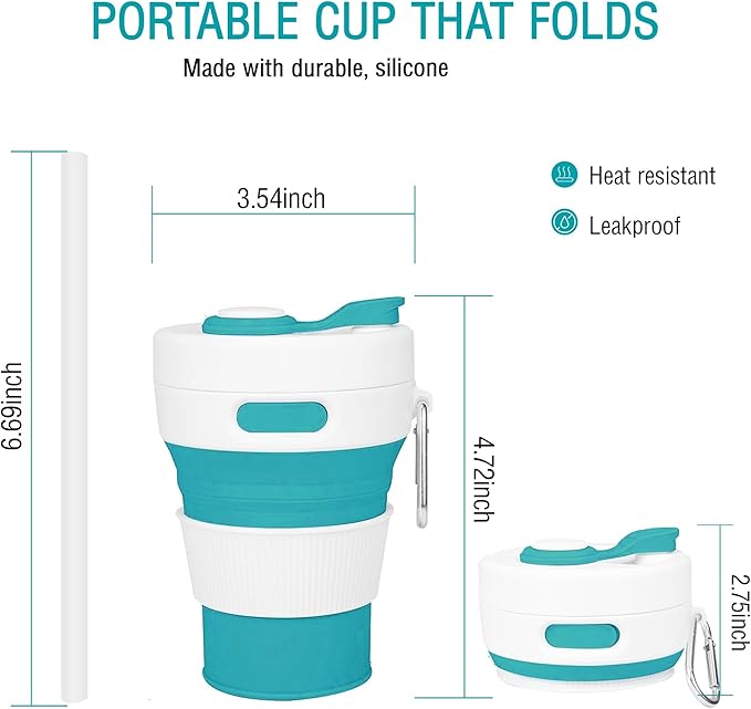 Silicone Collapsible Travel Mug Green 15oz / 450ml - Leak-Proof Reusable Silicone Water Bottle for Hot and Cold Beverages - Travel Office and Home - Dishwasher Safe - Straw Included