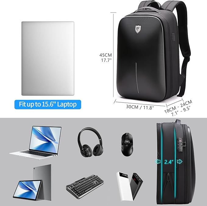 FENRUIEN Gaming Laptop Backpack 15.6 Inch, Expandable Hard Shell Backpack with USB Charging Port, Water Resistant Business Computer Backpack, Black