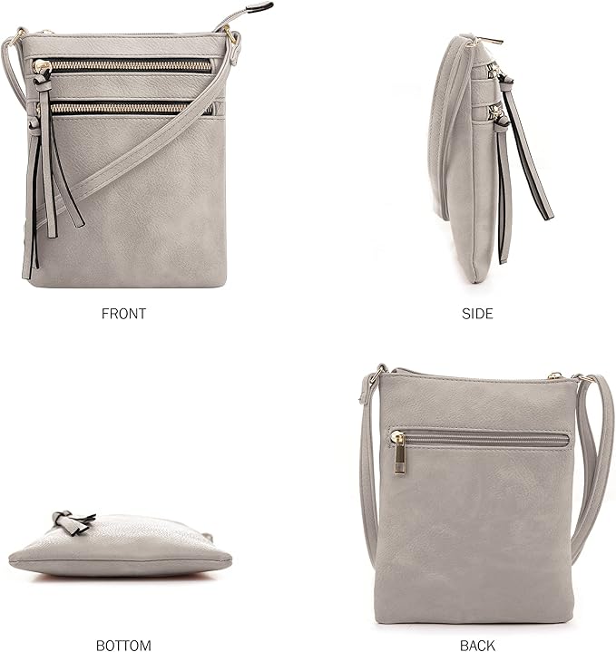 DELUXITY | Crossbody Purse Bag | Functional Multi Pocket Double Zipper Purse | Adjustable Strap | Medium Size Purse | Grey