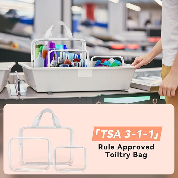 TISRATOK 10 PCS Clear Travel Makeup Toiletry Bag, Plastic PVC Cosmetic TSA Approved Organizer Kit with Zipper Handbag（White）