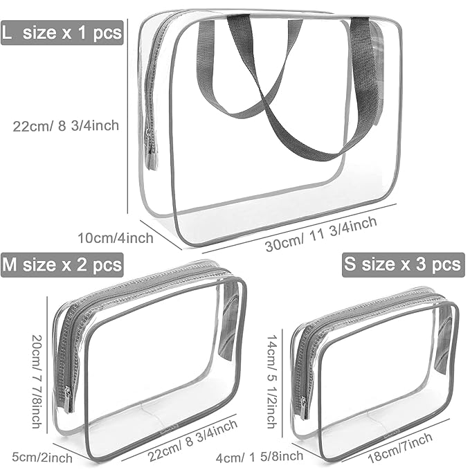 APREUTY Clear Makeup Bags, TSA Approved 6Pcs Cosmetic Makeup Bags Set Clear PVC with Zipper Handle Portable Travel Luggage Pouch Airport Airline Bags Bathroom (Gray)