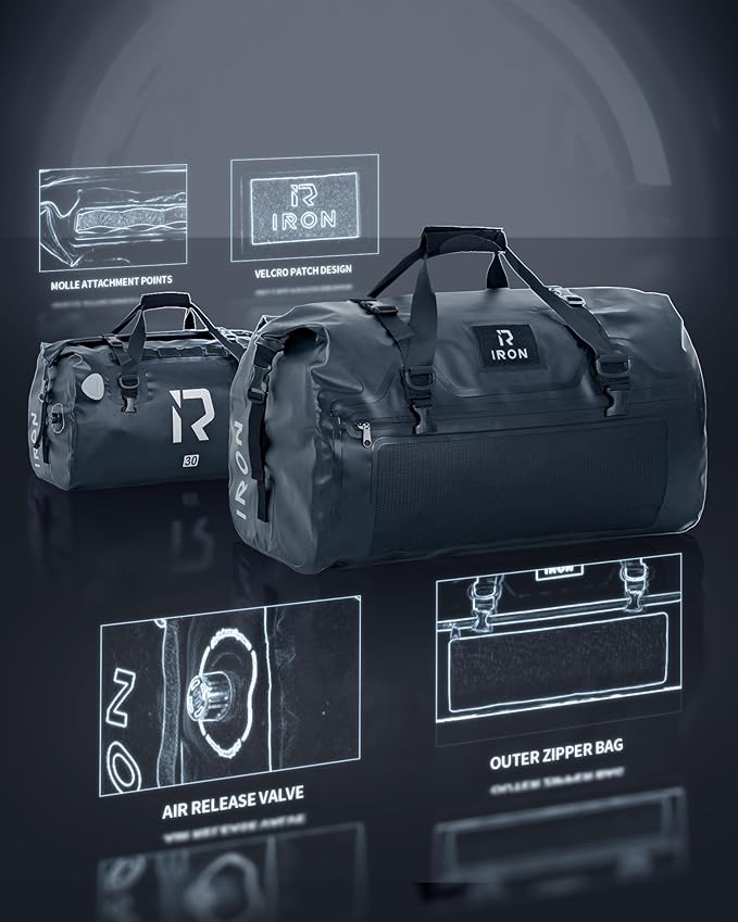 IRON JIA'S Motorcycle Dry Bag - Waterproof Duffle & Luggage Tail Bag Saddle Bags with Roll Top Closure, Shoulder Straps, Inner Pocket and Mesh Pocket (Black, 30L)