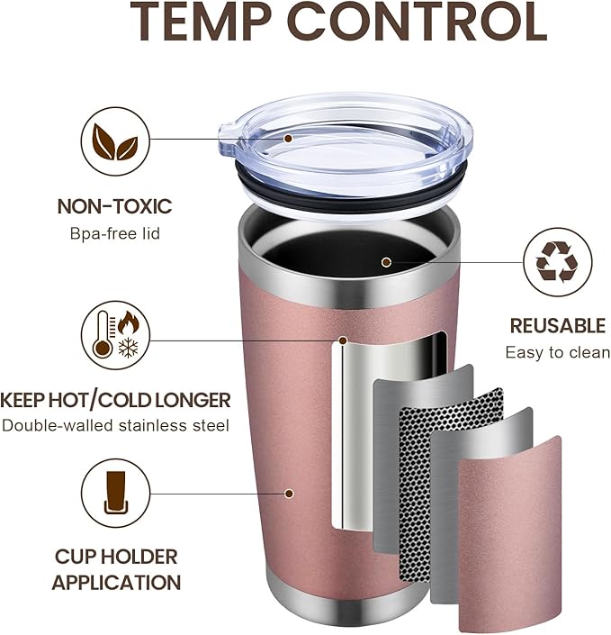 MEWAY 20oz Tumbler 8 Pack Double Wall Vacuum Insulated Travel Mug Bulk, Stainless Steel Tumblers with Lid and Straw, Durable Powder Coated Coffee Cups for Cold & Hot Drinks (Rose Gold, 8)