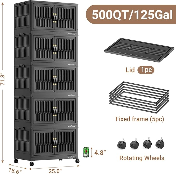 BROVIEW 500Qt Stackable Storage Bins with Lid, Extra Large Closet Organizer Collapsible Drawer Boxes with Wheels, Folding Plastic Cabinet Containers for Home Kitchen Room Organization, 5Pack Black